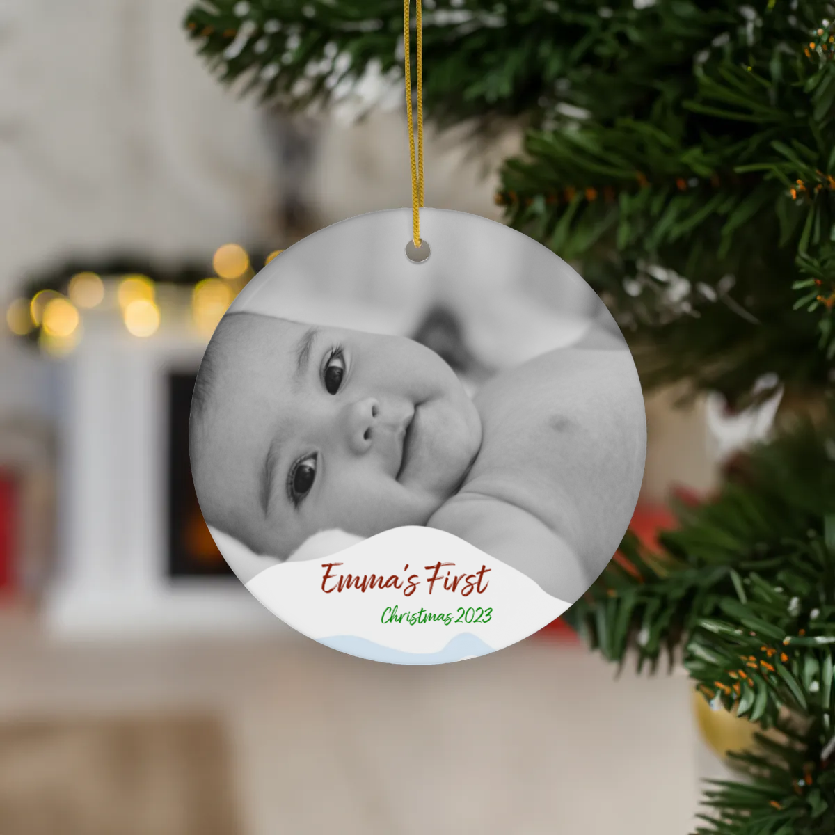 Personalized Round Black & White Baby Photo Ceramic Ornament, 1 pcs