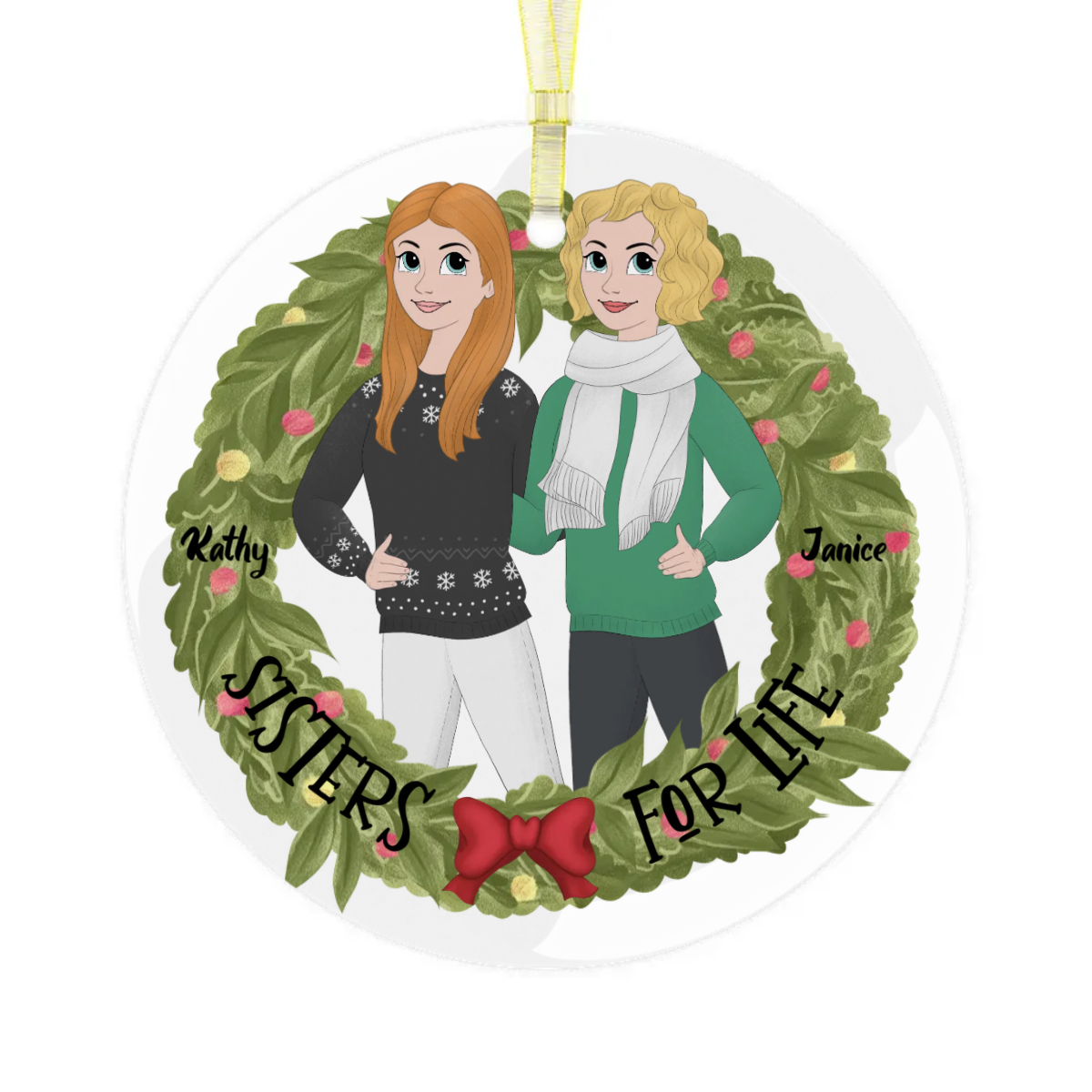 Personalized Sisters for Life Glass Christmas Ornament