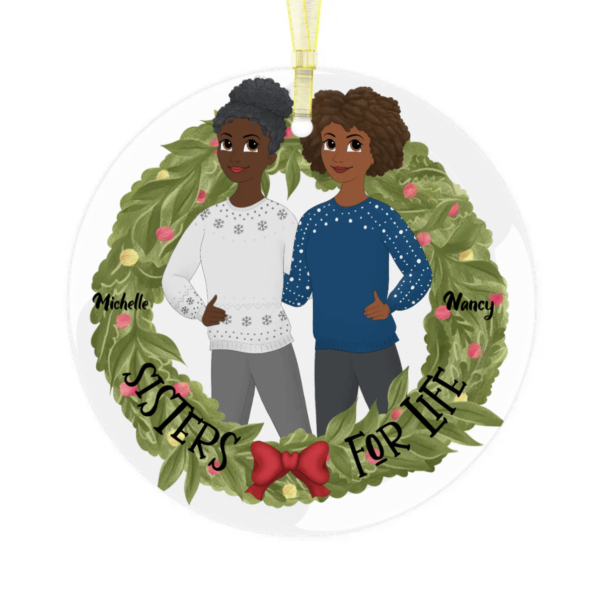 Personalized Sisters for Life Glass Christmas Ornament