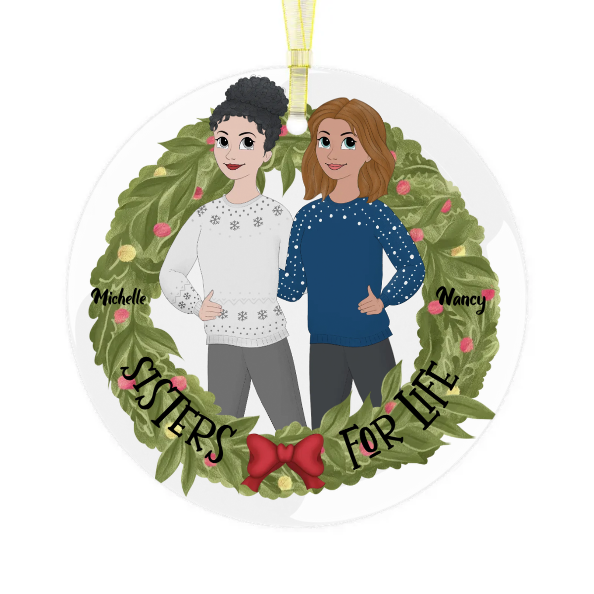 Personalized Sisters for Life Glass Christmas Ornament