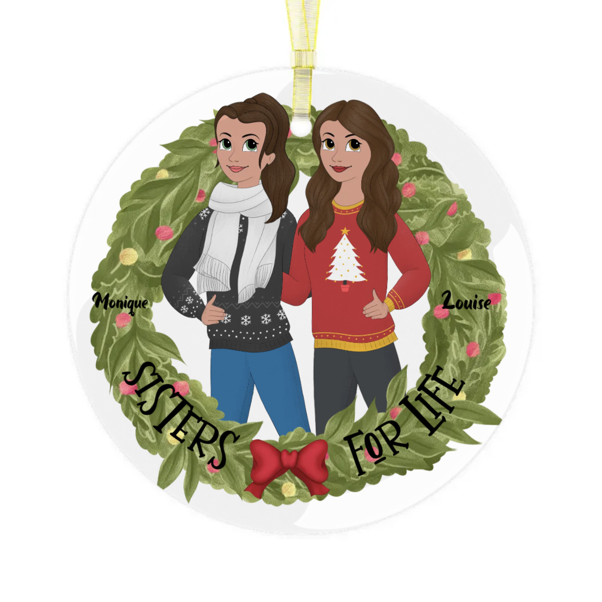 Personalized Sisters for Life Glass Christmas Ornament