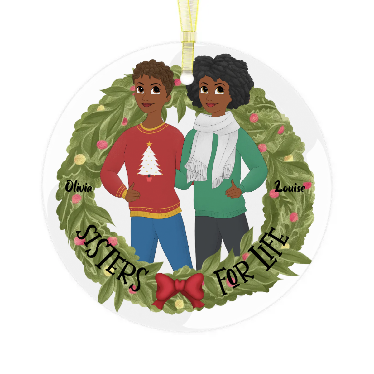 Personalized Sisters for Life Glass Christmas Ornament