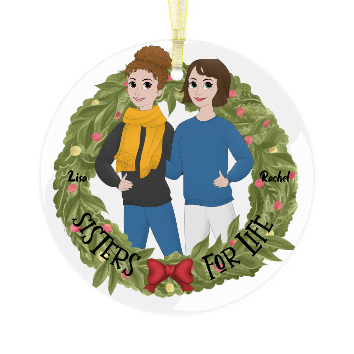 Personalized Sisters for Life Glass Christmas Ornament