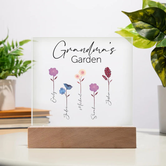 Personalized Grandma's Garden Acrylic Square Plaque *Optional Nightlight