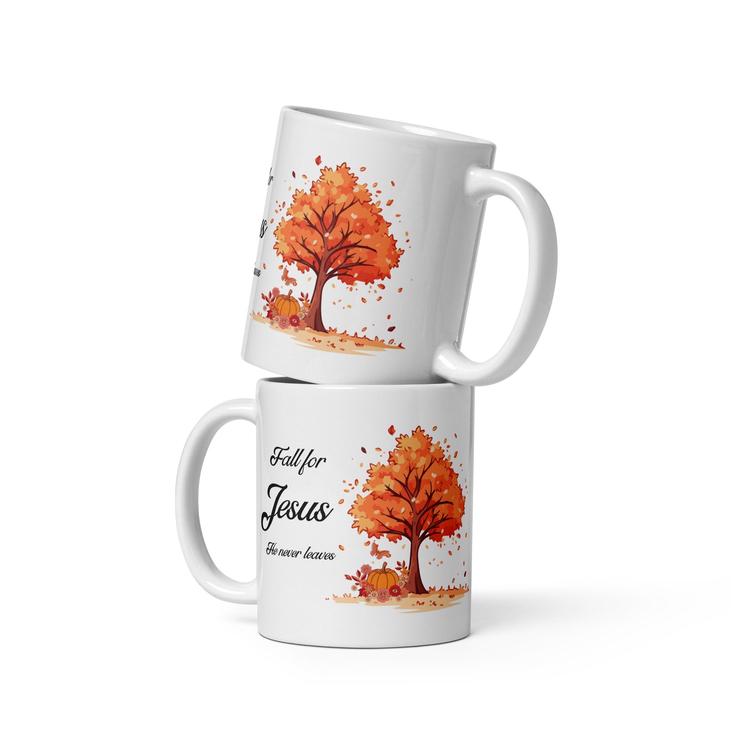 Fall for Jesus He Never Leaves White glossy mug