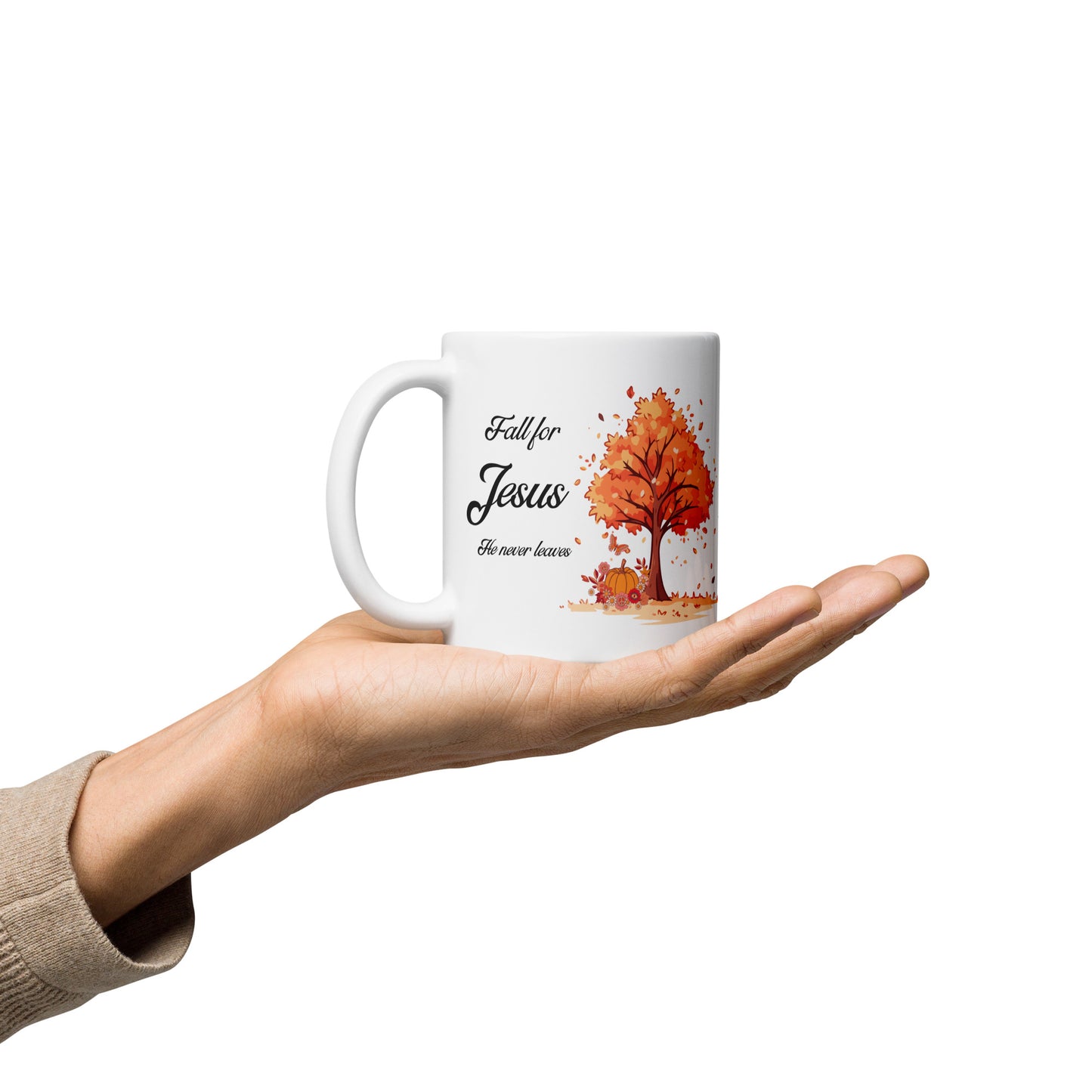 Fall for Jesus He Never Leaves White glossy mug