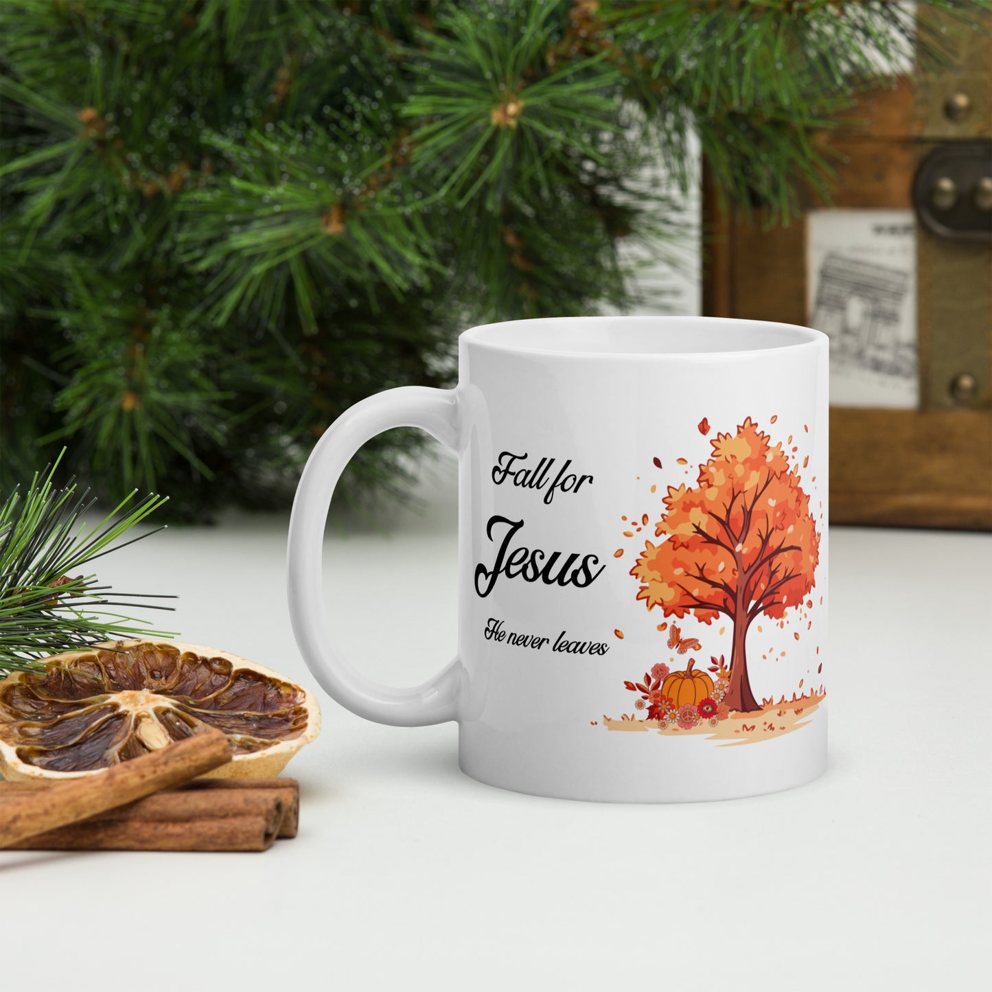 Fall for Jesus He Never Leaves White glossy mug