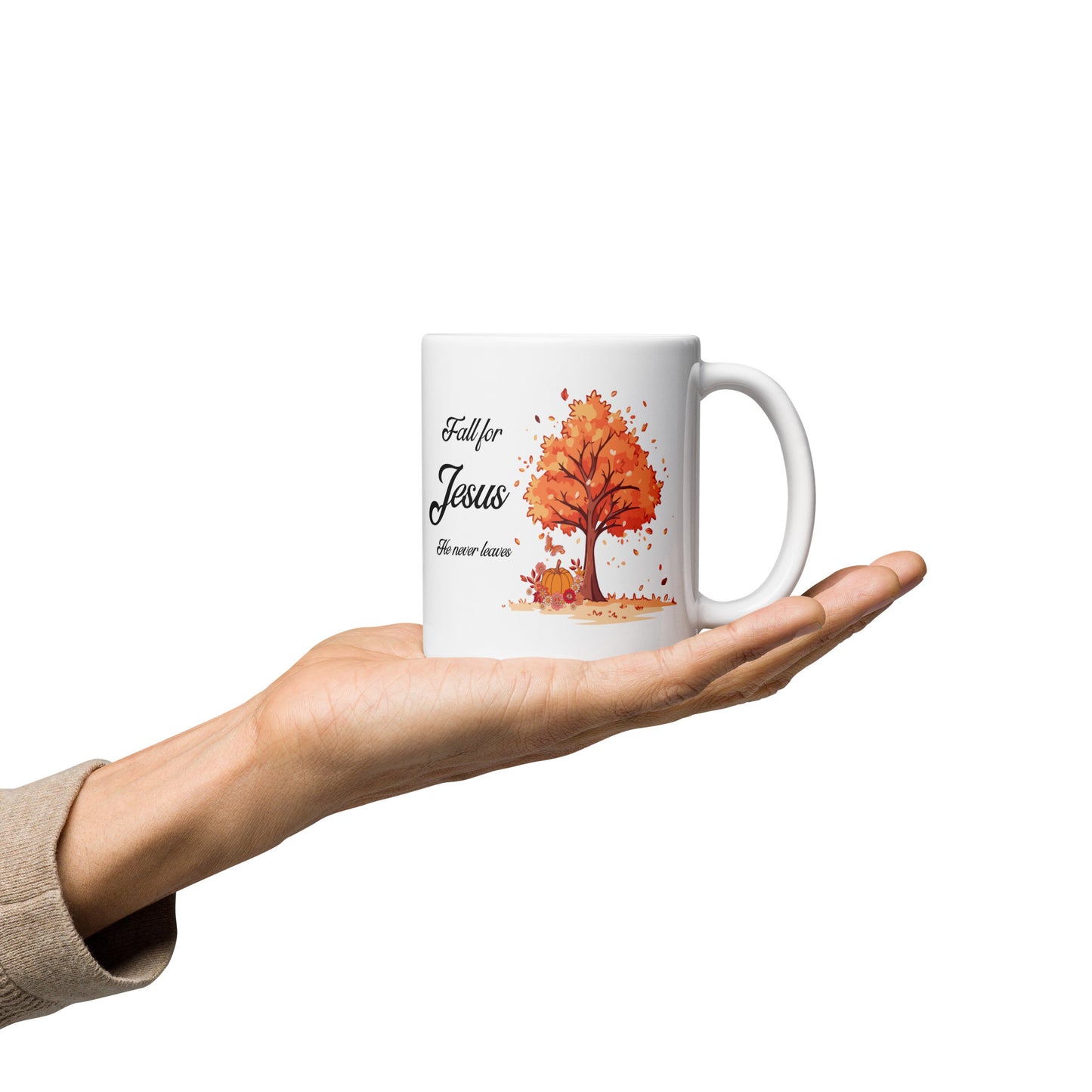 Fall for Jesus He Never Leaves White glossy mug