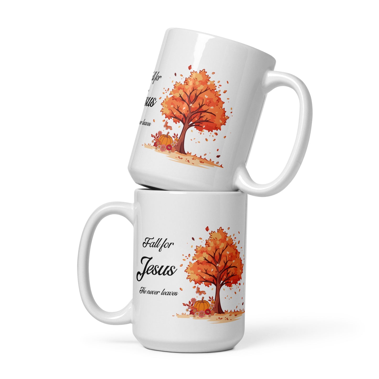 Fall for Jesus He Never Leaves White glossy mug