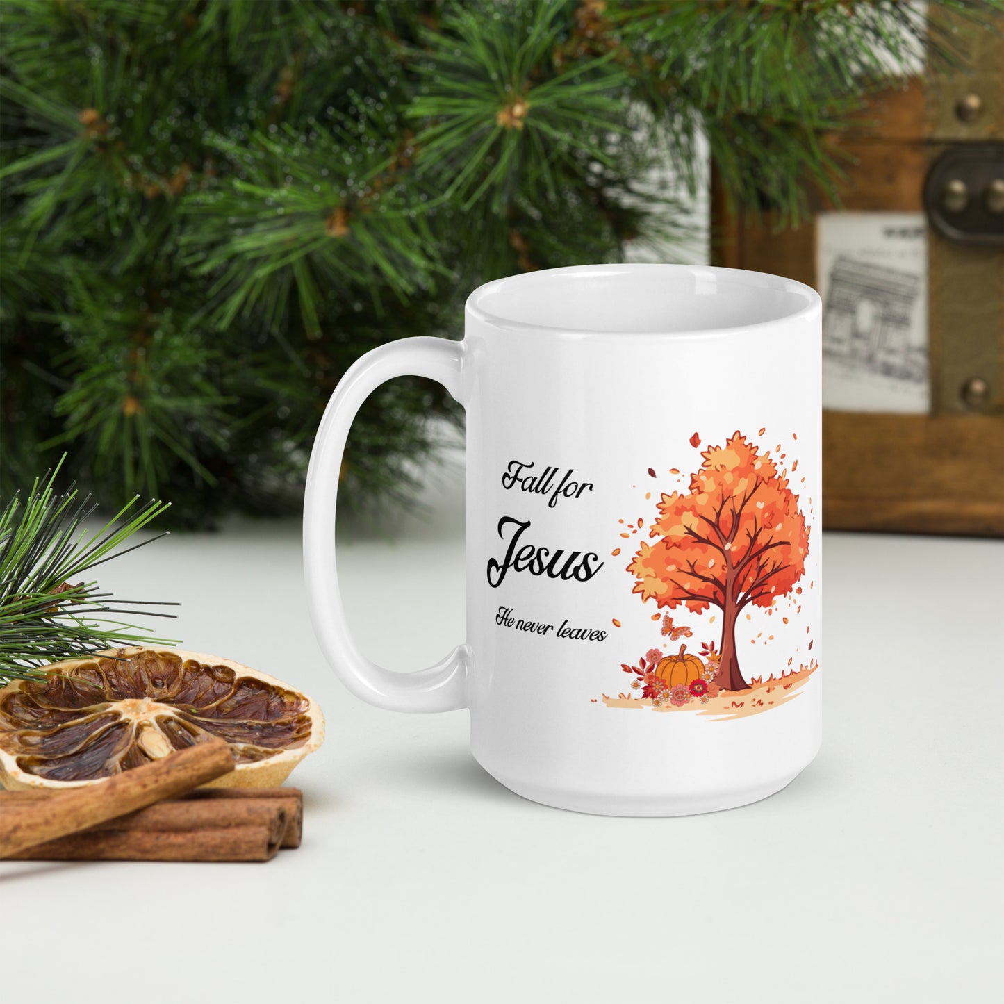 Fall for Jesus He Never Leaves White glossy mug