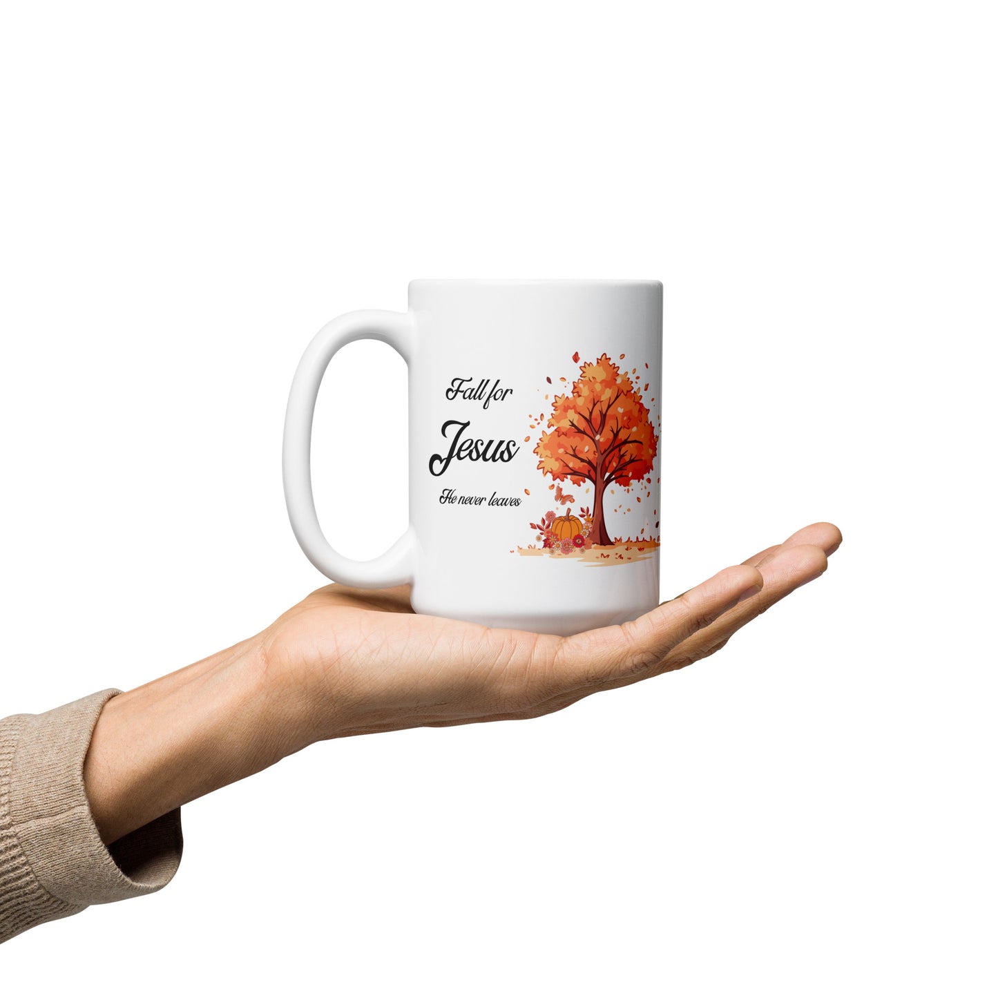 Fall for Jesus He Never Leaves White glossy mug