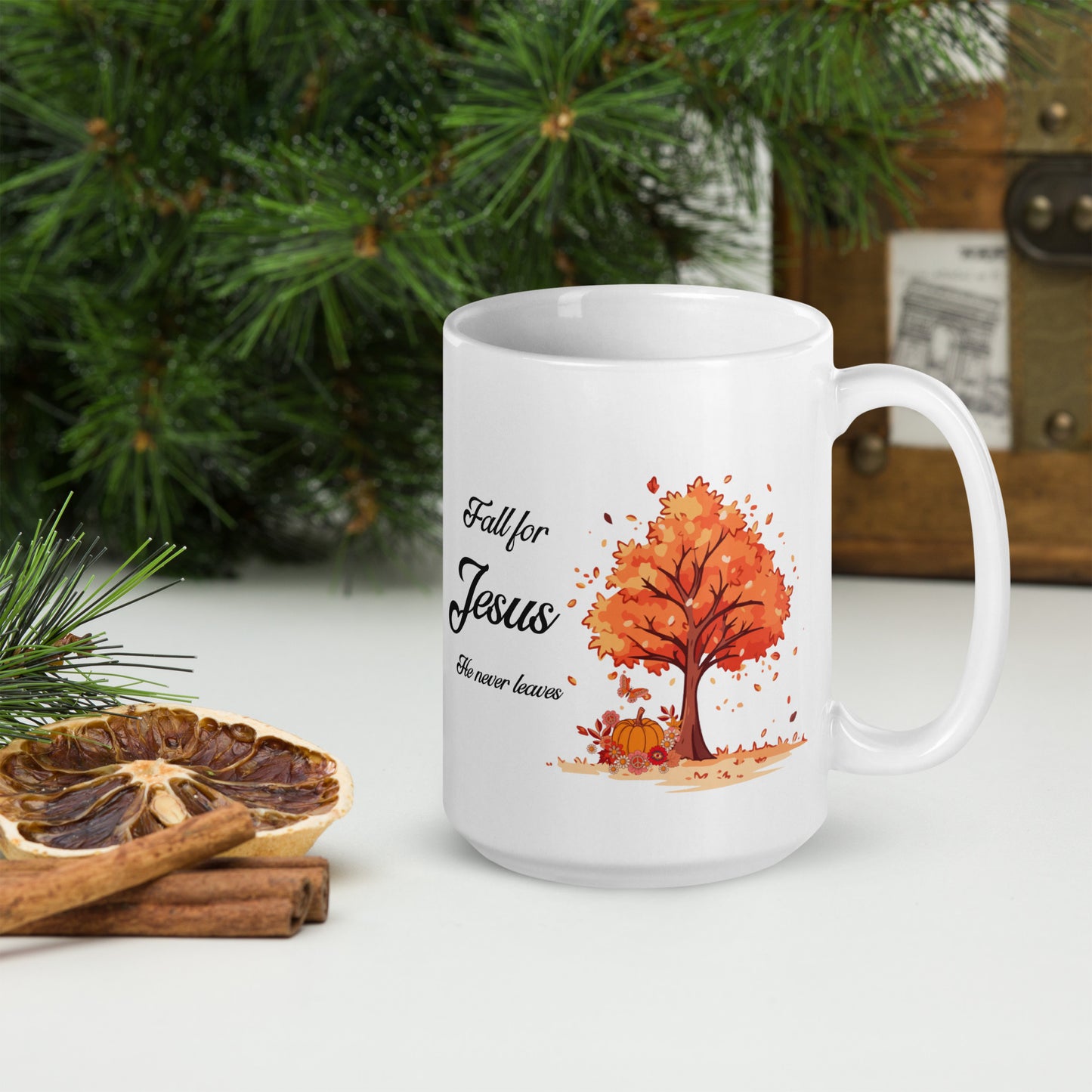 Fall for Jesus He Never Leaves White glossy mug