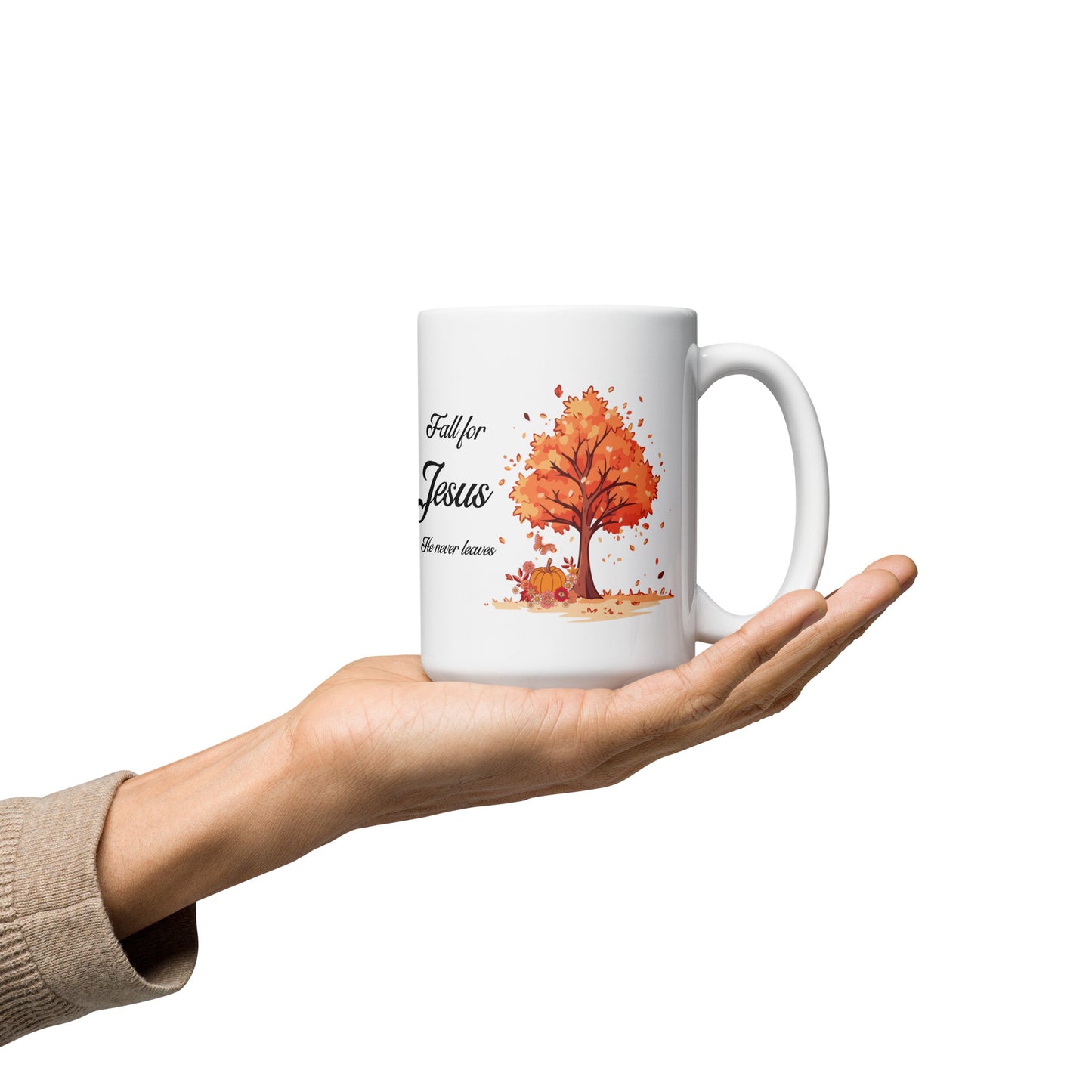 Fall for Jesus He Never Leaves White glossy mug