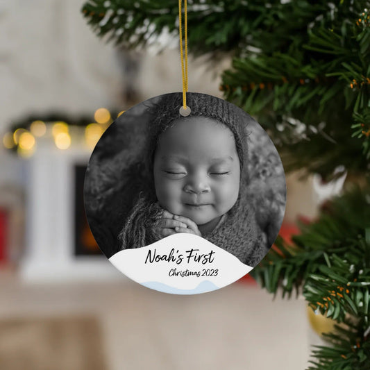 Personalized Round Black & White Baby Photo Ceramic Ornament, 1 pcs