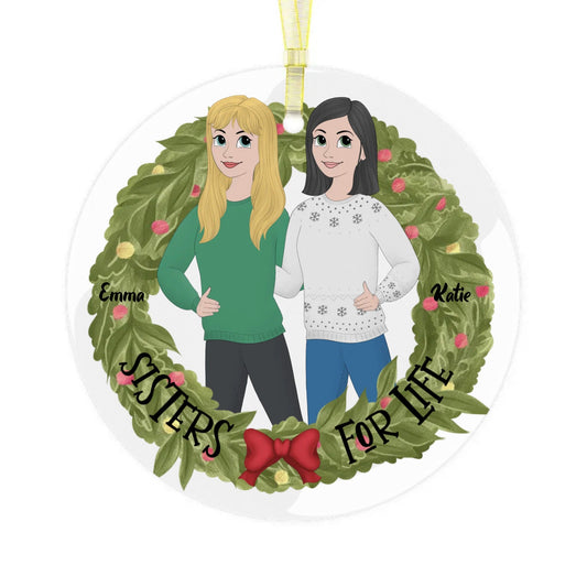 Personalized Sisters for Life Glass Christmas Ornament