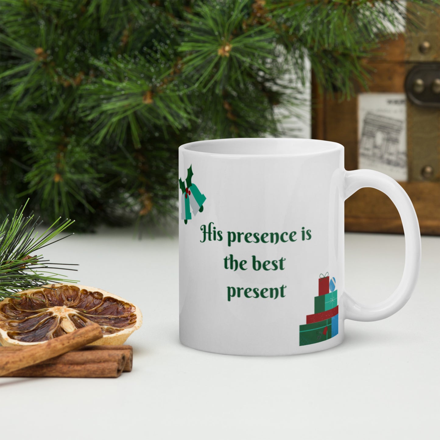 His Presence is the Best Present mug